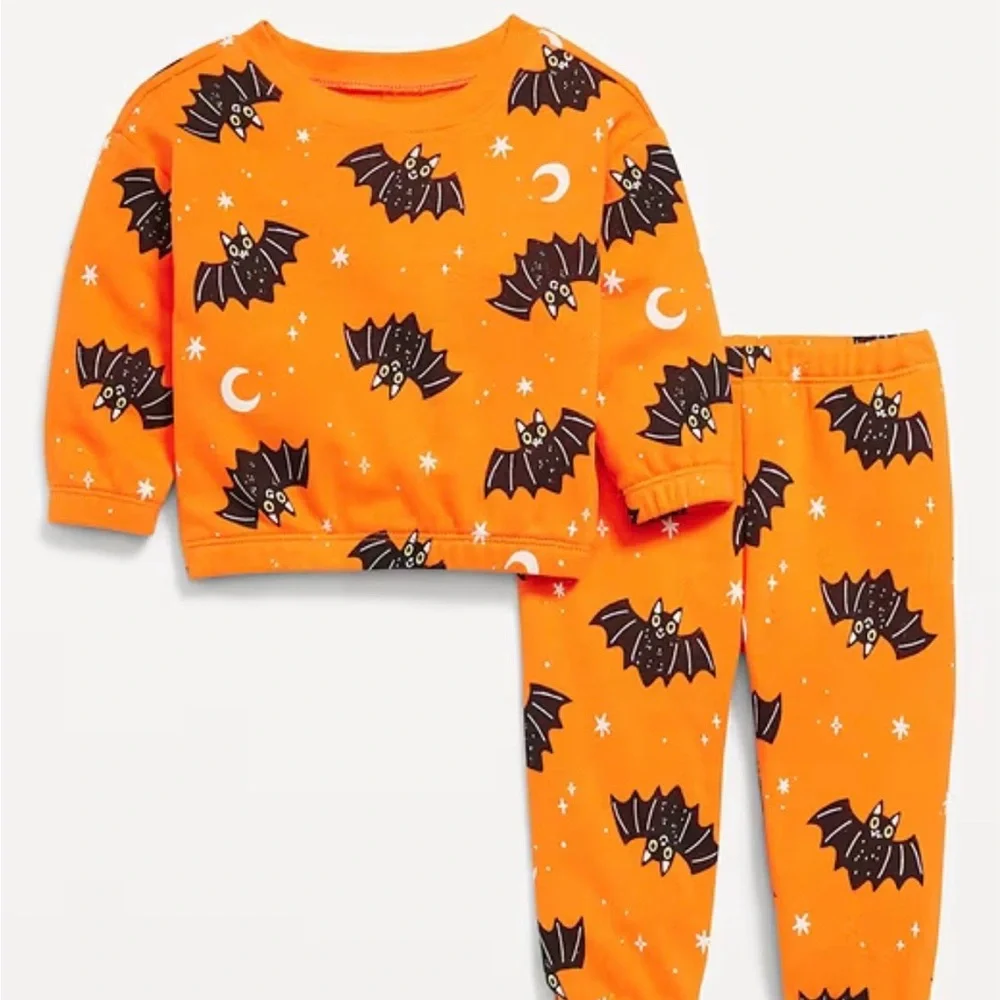 Toddler Orange and Black Halloween Bats French Terry Sweatshirt and Pants Set